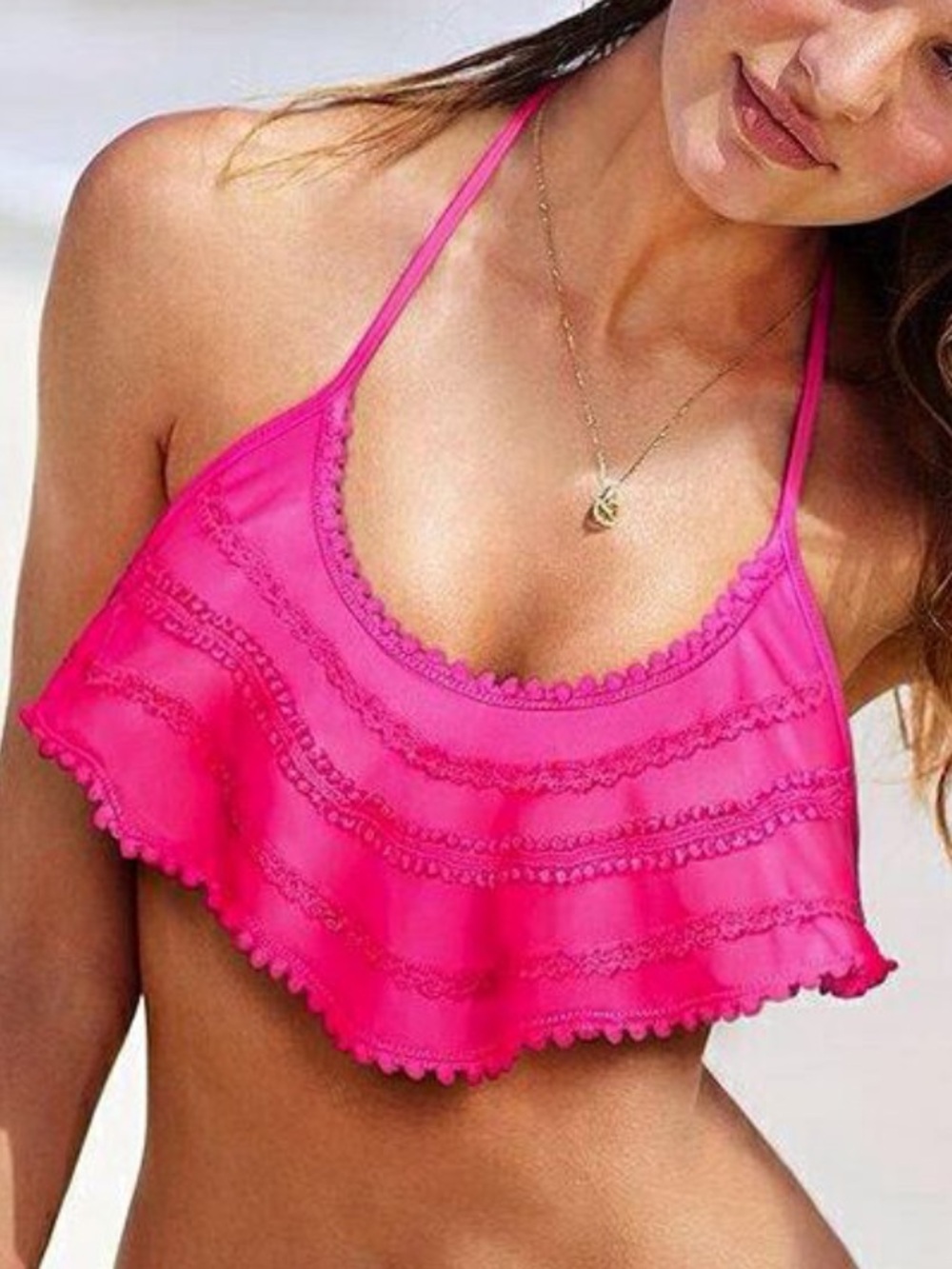 VICTORIA’S SECRET Neon Pink Ruffle Front Bikini Halter Pom-Pom Trim Size Large